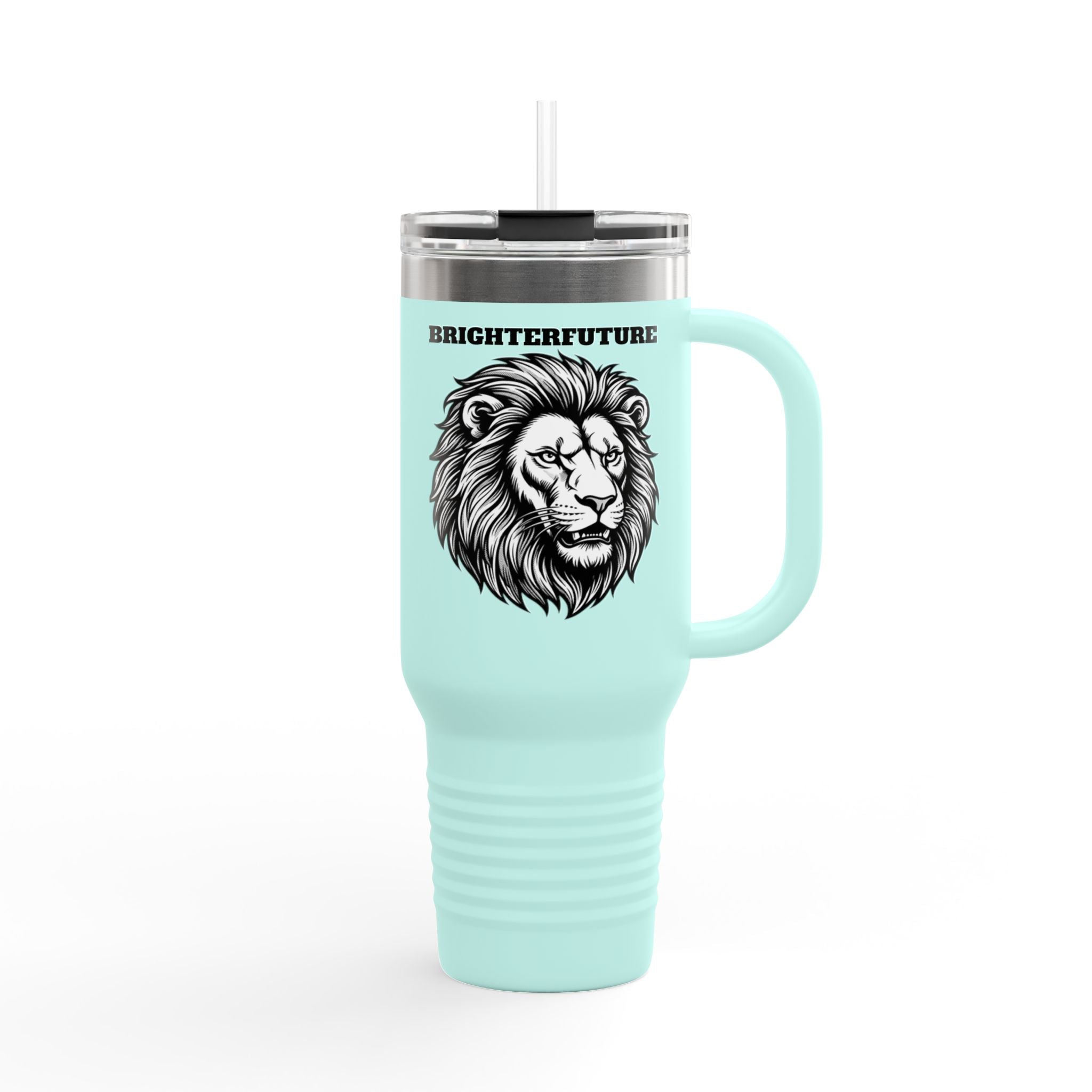 Lion Head 40oz Insulated Travel Mug — 'BrighterFuture' Thermal Tumbler with Straw
