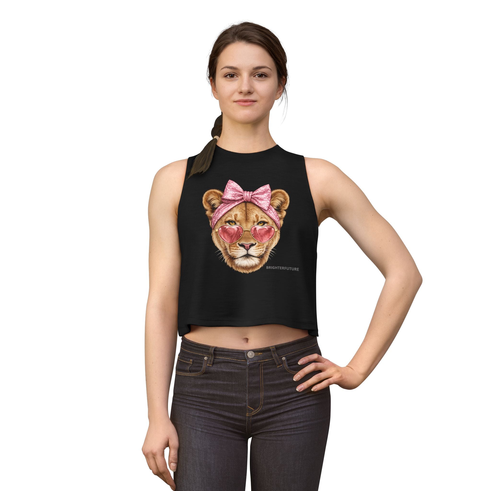 Lioness Crop Top — Cute Pink Heart Sunglasses & Bow Graphic