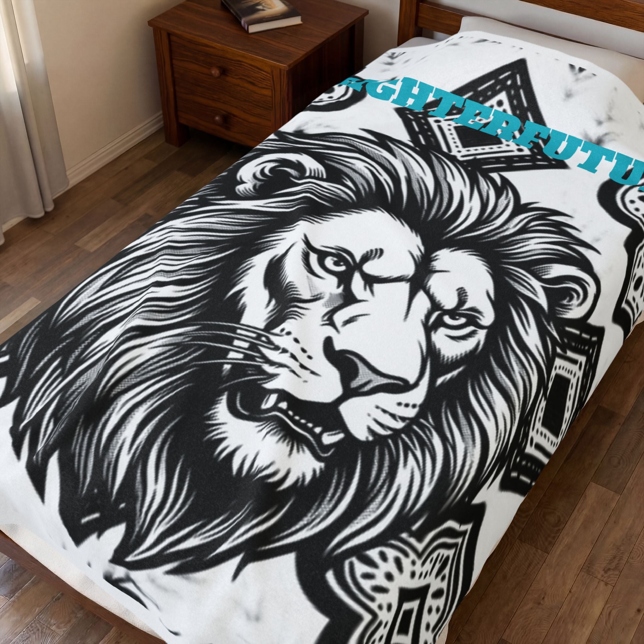 Velveteen Plush Blanket - 'BRIGHTERFUTURE' Lion Head Throw for Inspirational Home Decor