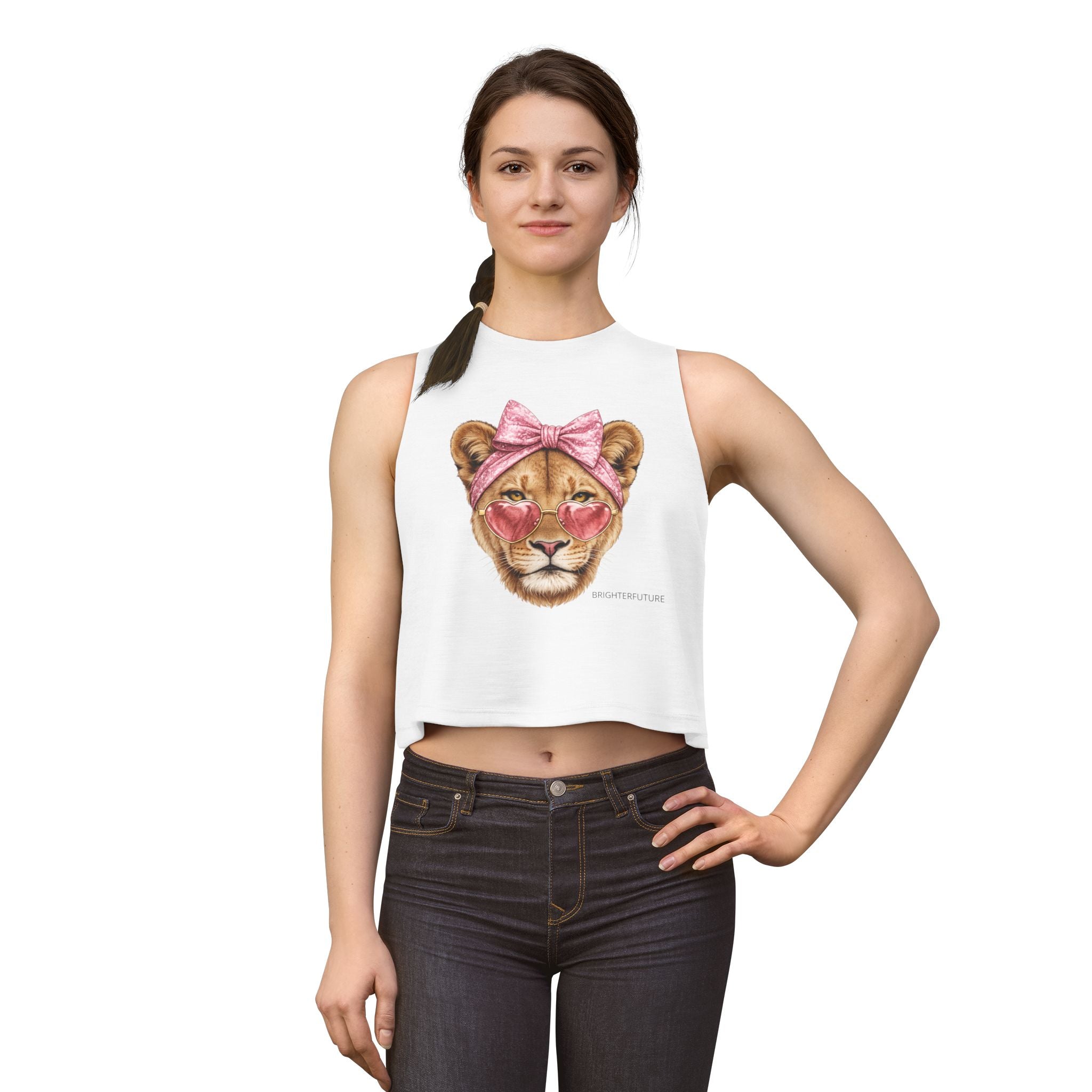 Lioness Crop Top — Cute Pink Heart Sunglasses & Bow Graphic