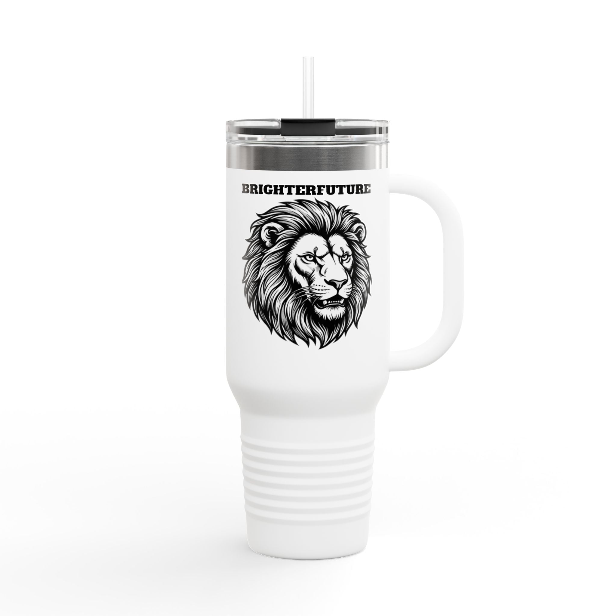 Lion Head 40oz Insulated Travel Mug — 'BrighterFuture' Thermal Tumbler with Straw