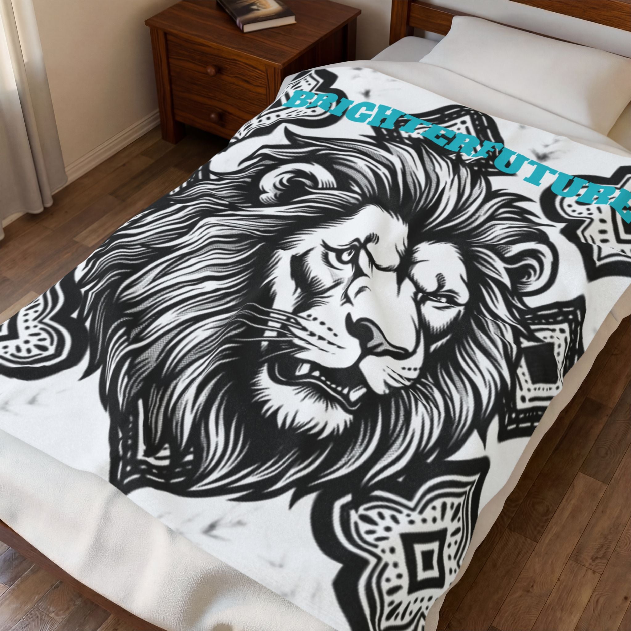 Velveteen Plush Blanket - 'BRIGHTERFUTURE' Lion Head Throw for Inspirational Home Decor