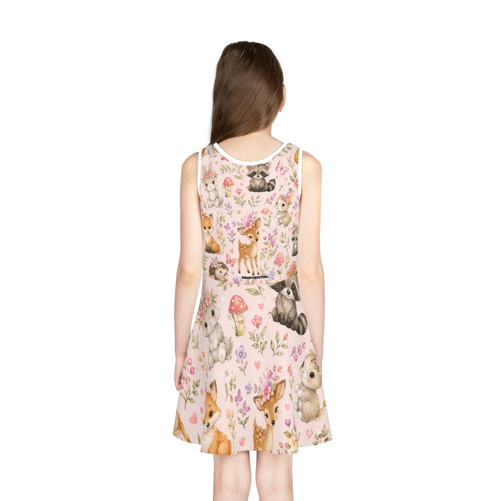Girls' Sleeveless Sundress — Cute Woodland Baby Animals Floral Print