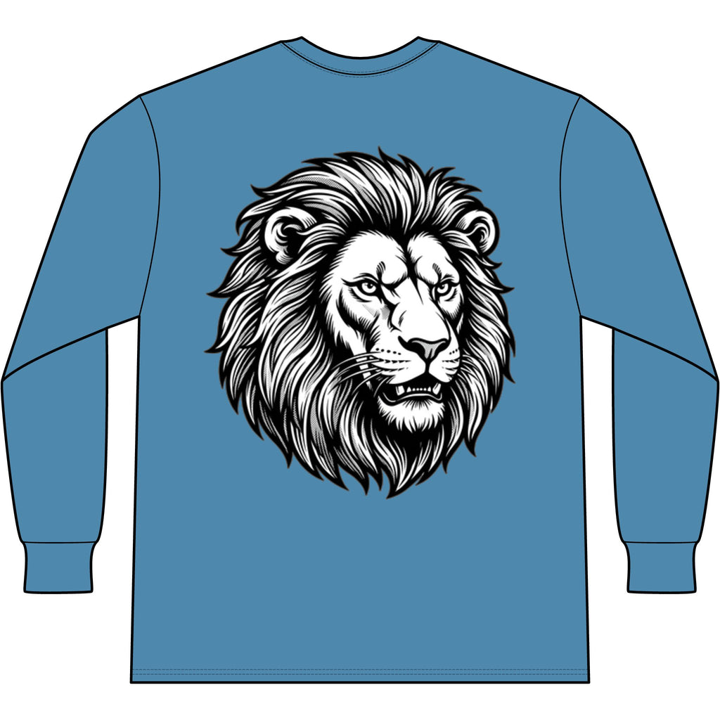 Lion Head Long Sleeve Tee — Bright Future Chest Text, Bold Back Graphic