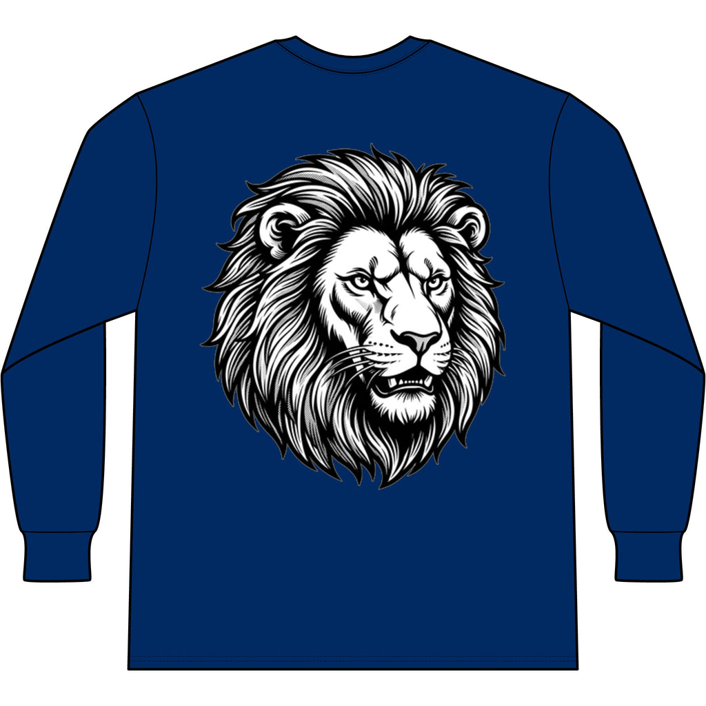 Lion Head Long Sleeve Tee — Bright Future Chest Text, Bold Back Graphic