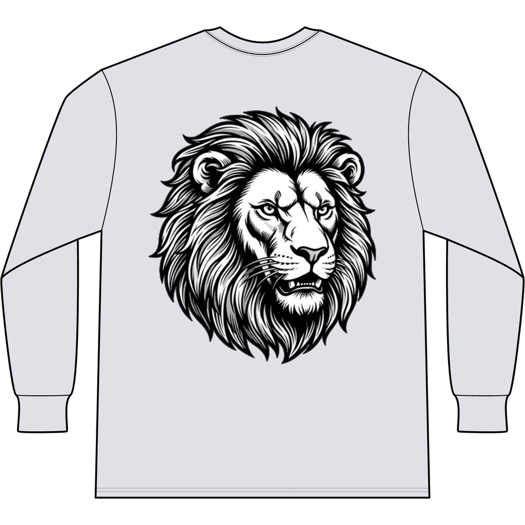 Lion Head Long Sleeve Tee — Bright Future Chest Text, Bold Back Graphic
