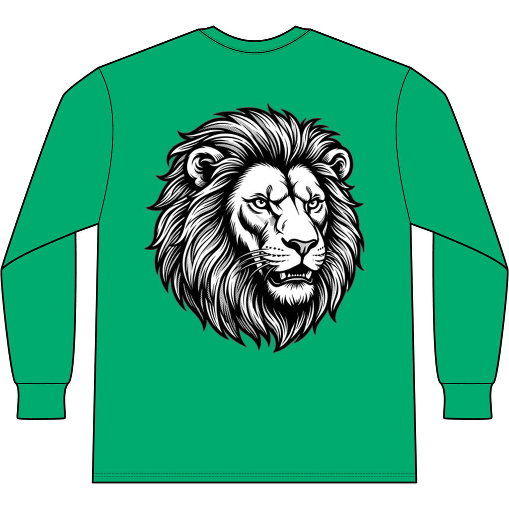 Lion Head Long Sleeve Tee — Bright Future Chest Text, Bold Back Graphic