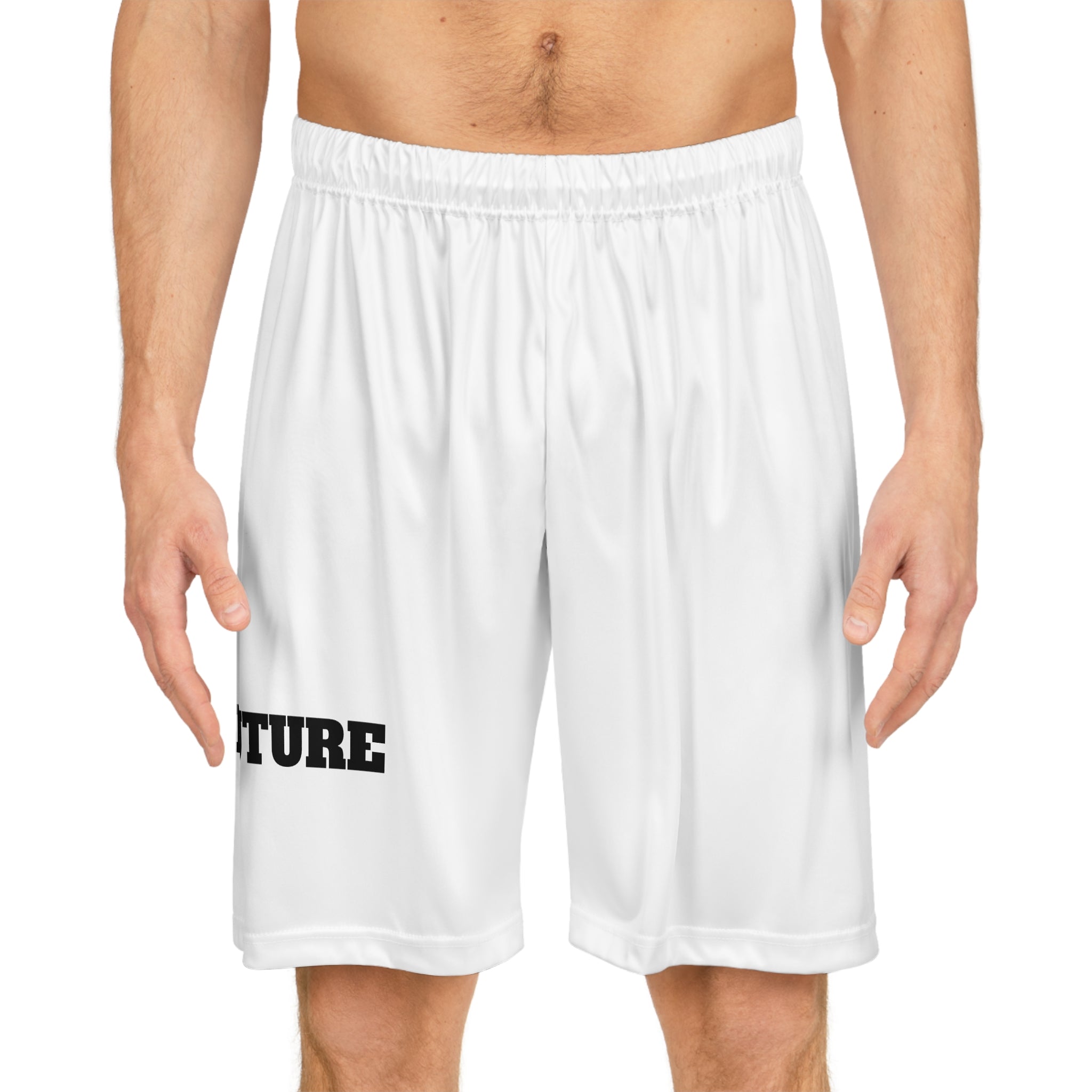 Brighter Future Basketball Shorts — White AOP Athletic Shorts with Bold Text
