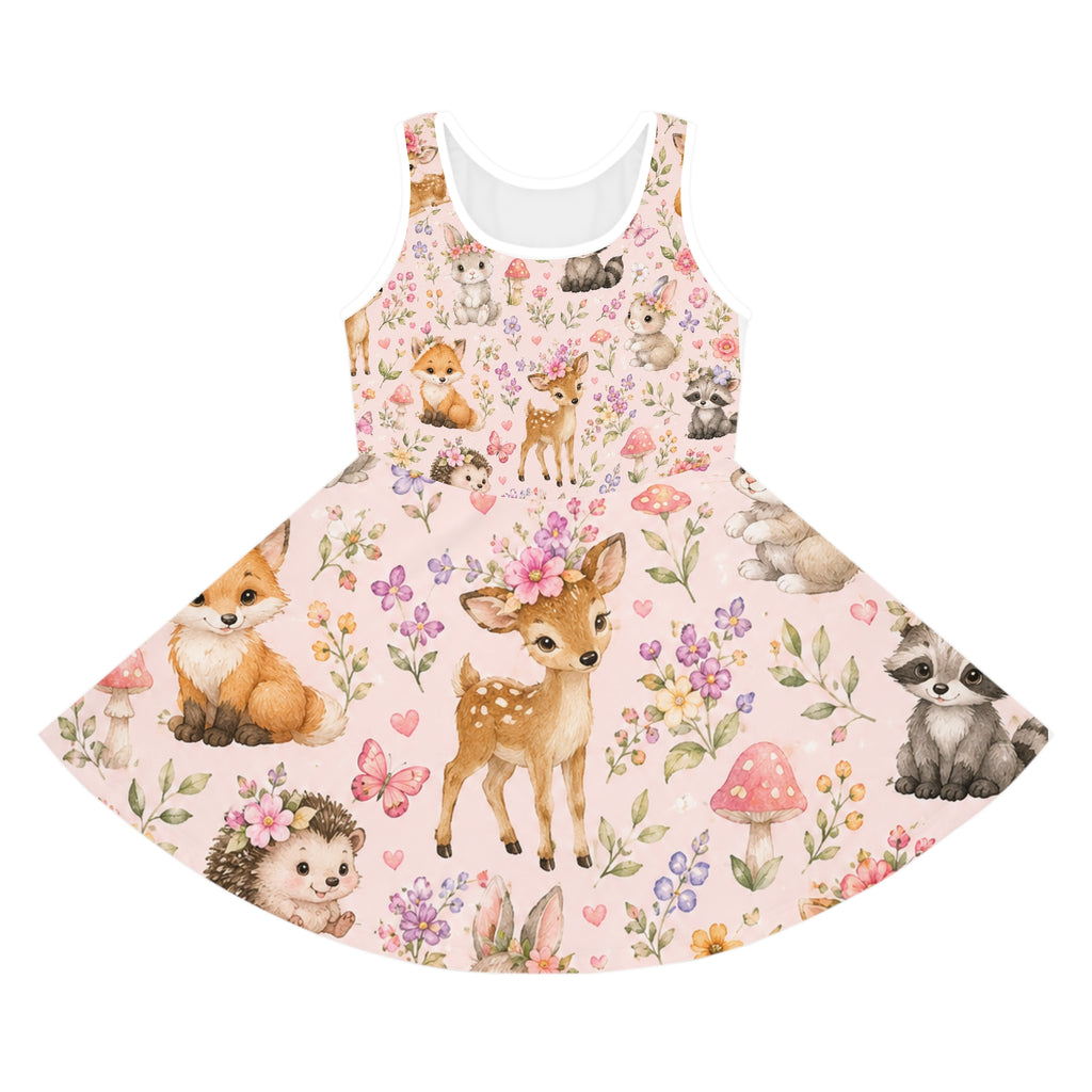 Girls' Sleeveless Sundress — Cute Woodland Baby Animals Floral Print