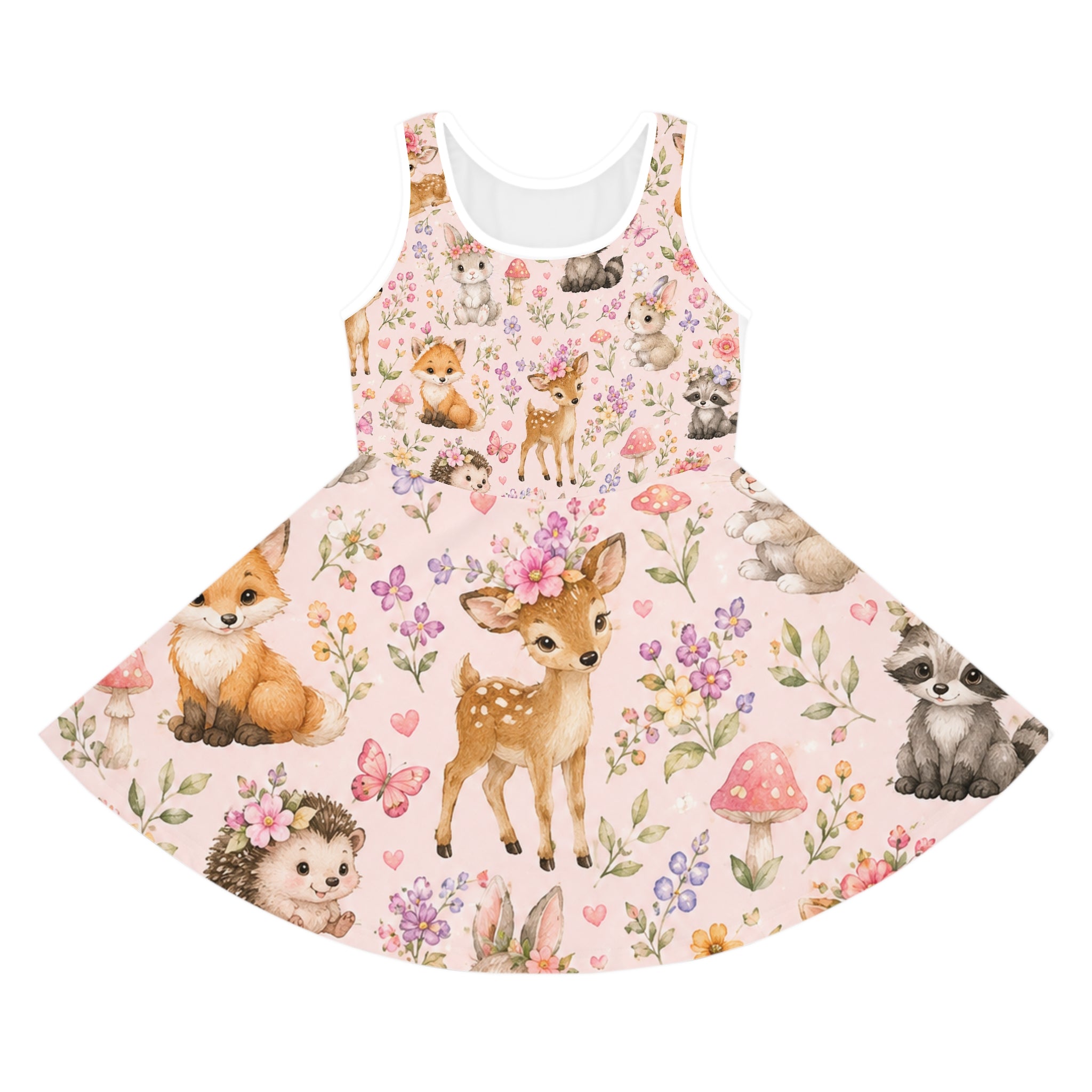 Girls' Sleeveless Sundress — Cute Woodland Baby Animals Floral Print