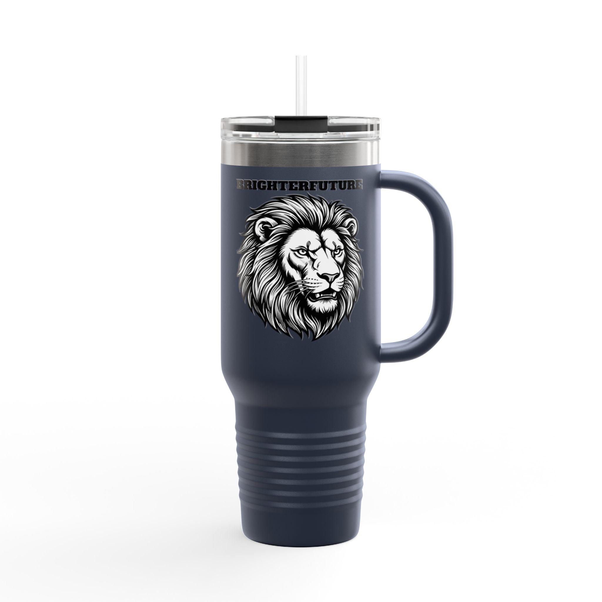 Lion Head 40oz Insulated Travel Mug — 'BrighterFuture' Thermal Tumbler with Straw