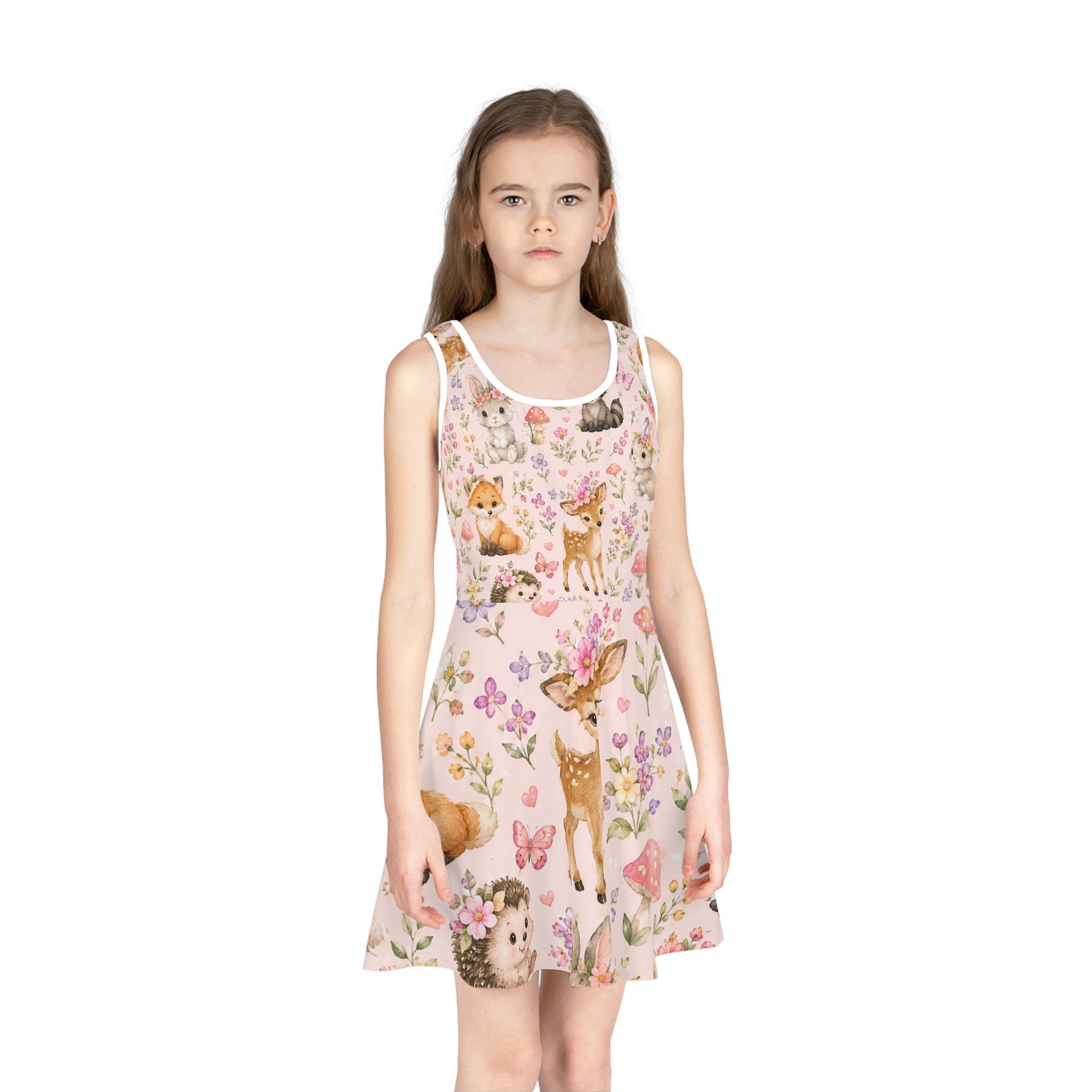 Girls' Sleeveless Sundress — Cute Woodland Baby Animals Floral Print