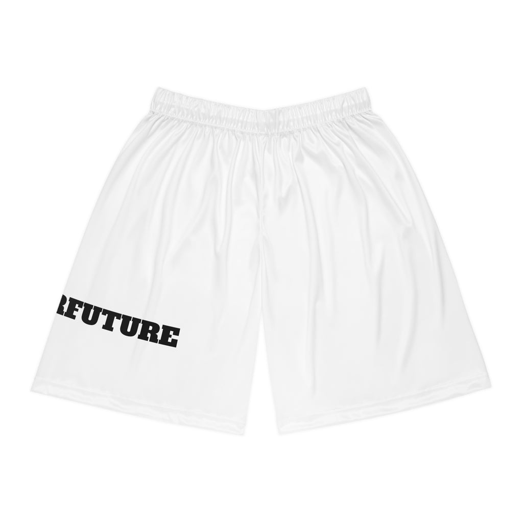 Brighter Future Basketball Shorts — White AOP Athletic Shorts with Bold Text