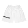 Brighter Future Basketball Shorts — White AOP Athletic Shorts with Bold Text