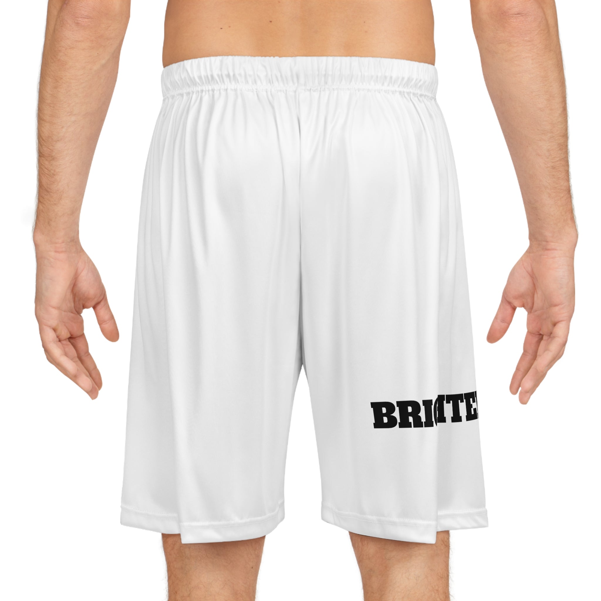 Brighter Future Basketball Shorts — White AOP Athletic Shorts with Bold Text