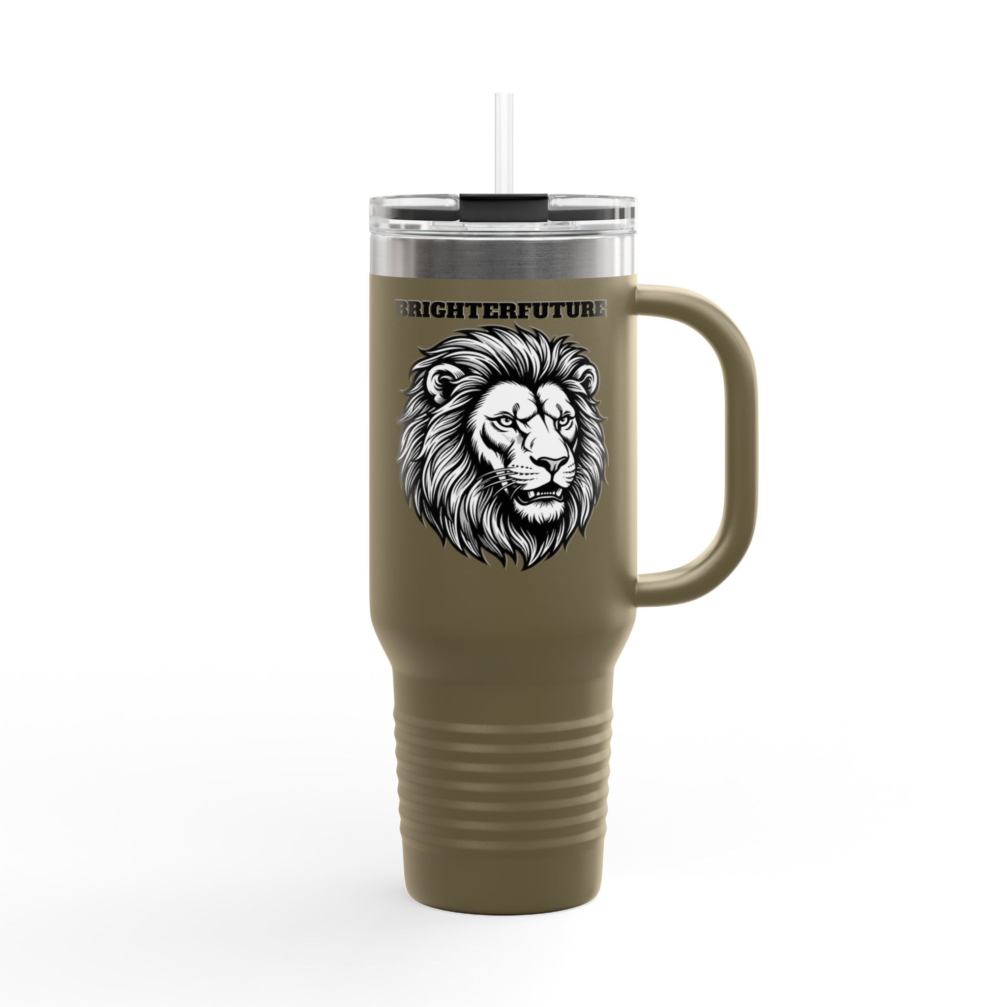 Lion Head 40oz Insulated Travel Mug — 'BrighterFuture' Thermal Tumbler with Straw