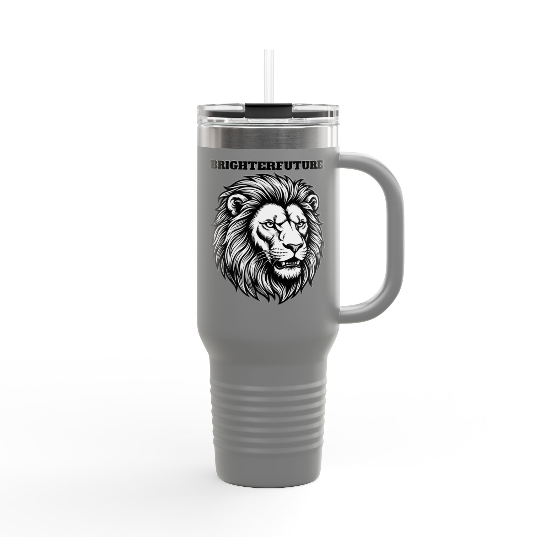 Lion Head 40oz Insulated Travel Mug — 'BrighterFuture' Thermal Tumbler with Straw