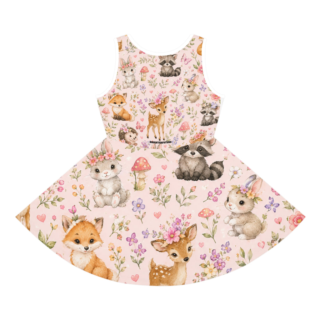 Girls' Sleeveless Sundress — Cute Woodland Baby Animals Floral Print