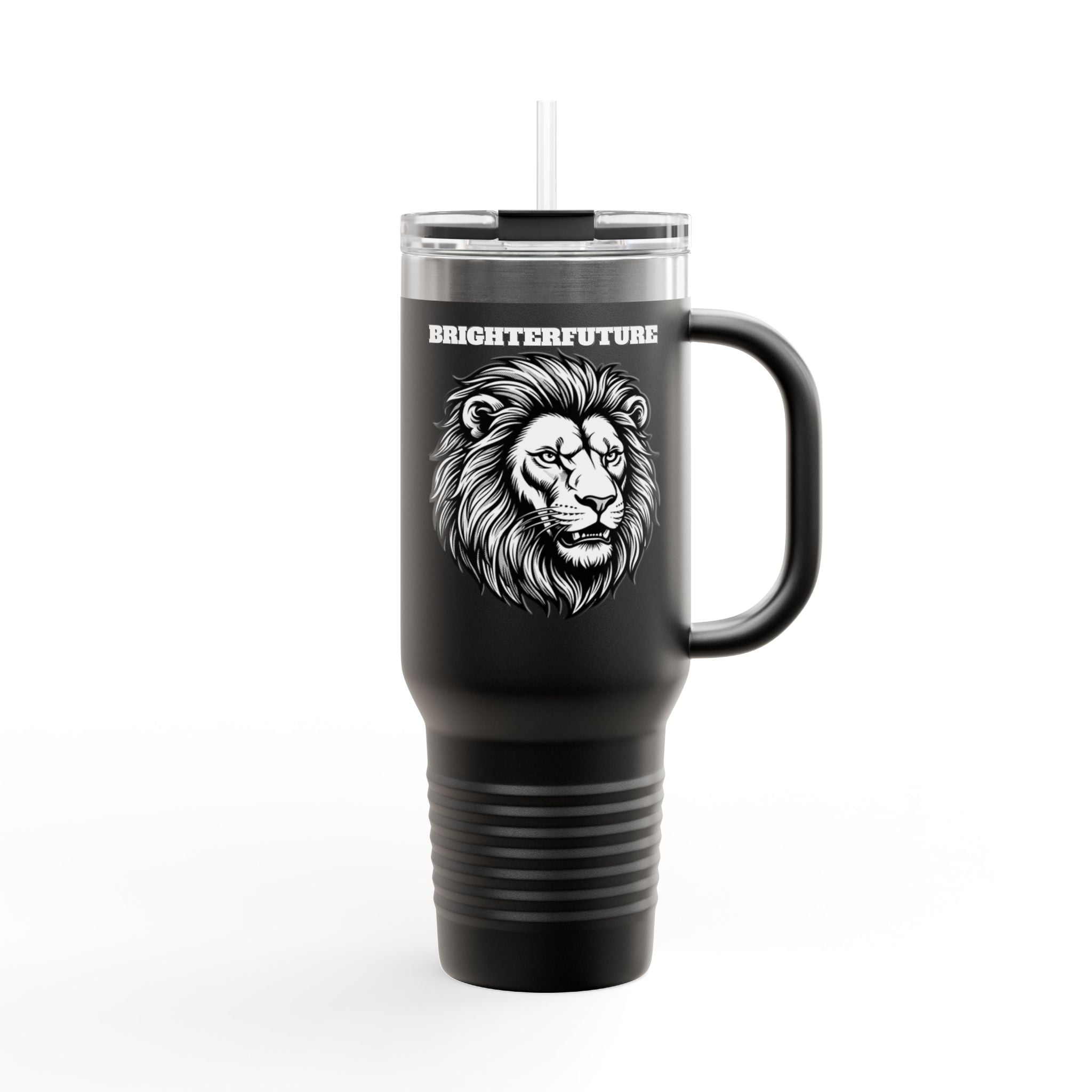 Lion Head 40oz Insulated Travel Mug — 'BrighterFuture' Thermal Tumbler with Straw
