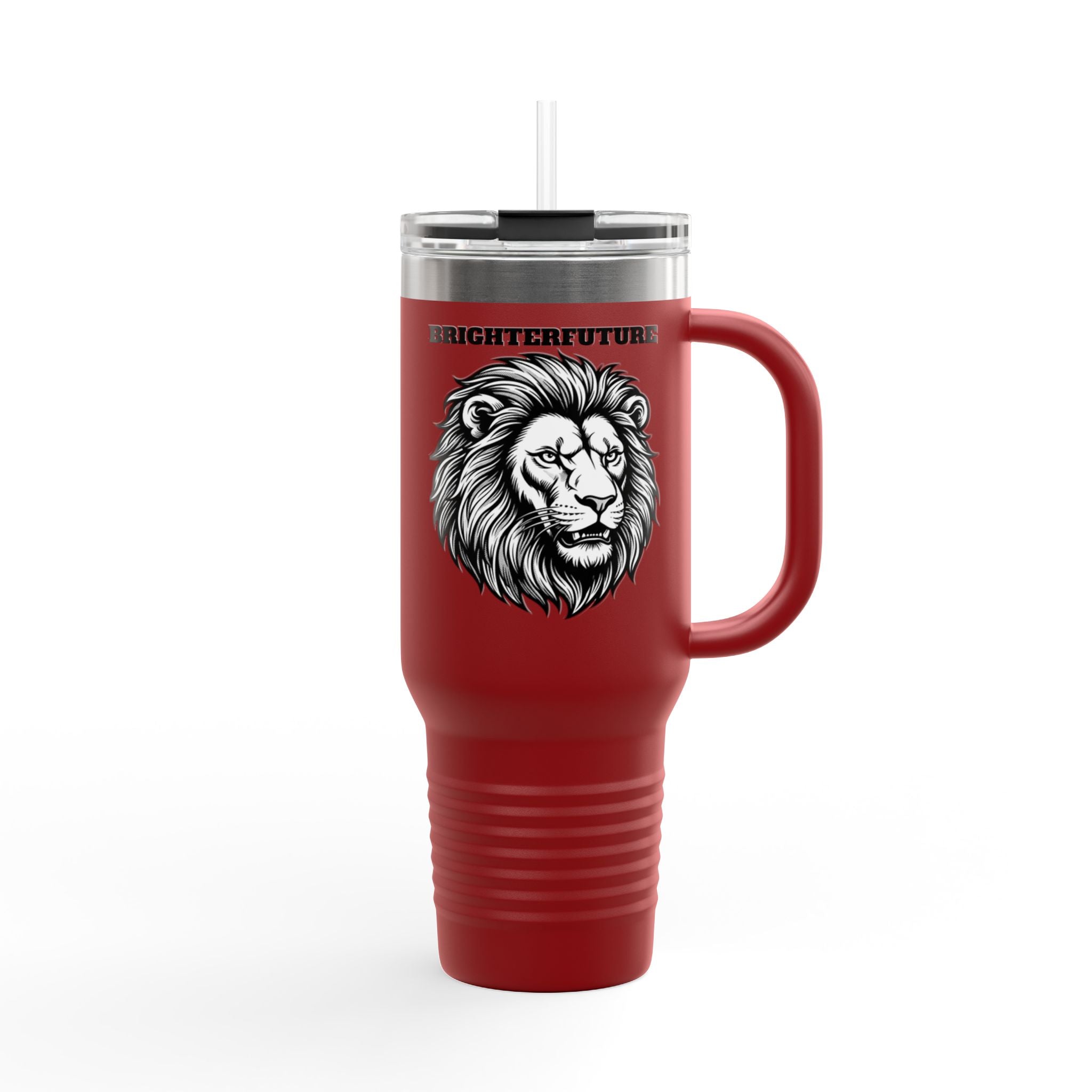 Lion Head 40oz Insulated Travel Mug — 'BrighterFuture' Thermal Tumbler with Straw